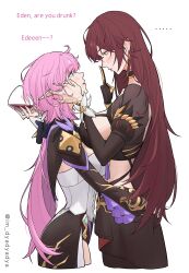 ... 2girls absurdres artist_name blue_eyes blush breasts cheek_squash commentary cup dated_commentary drinking_glass drunk dyadyadya earrings eden_(honkai_impact) elysia_(honkai_impact) elysia_(miss_pink_elf)_(honkai_impact) english_text finger_on_nose gloves hands_on_another&#039;s_face height_difference highres honkai_(series) honkai_impact_3rd imminent_kiss jewelry large_breasts long_hair looking_at_another multiple_girls parted_lips pink_hair pointy_ears simple_background single_glove standing white_background wine_glass yellow_eyes yuri