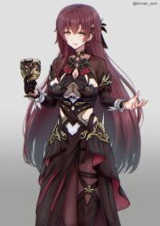 1girl absurdres bilingual_commentary black_dress black_gloves black_pantyhose breasts brown_hair chalice cleavage cleavage_cutout clothing_cutout commentary commentary_request cup dress eden_(honkai_impact) english_commentary gloves grey_background highres holding holding_cup honkai_(series) honkai_impact_3rd kinnan large_breasts long_hair mixed-language_commentary pantyhose see-through_cleavage see-through_clothes simple_background single_glove smile solo very_long_hair yellow_eyes