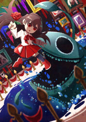 Rule 34 | 1girl, :o, absurdres, anglerfish, art gallery, black thighhighs, bow, brown hair, dot nose, fish, flower, footwear bow, from side, highres, holding, holding flower, ib (ib), ib (kouri), indoors, long hair, long sleeves, monster, neckerchief, open mouth, painting (object), red eyes, red flower, red footwear, red neckerchief, red rose, red skirt, rose, scenery, shirt, signature, skirt, stanchion, thighhighs, watawata22, water, white shirt, wide shot