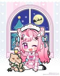 Rule 34 | 1girl, :3, ahoge, animal ears, animal print, bandaid, bandaid hair ornament, belt, black choker, blue bow, blush, bow, breasts, cat choker, cat ears, cat girl, cat print, choker, christmas, crossed bandaids, dress, extra ears, fish hair ornament, full moon, ghost hair ornament, hair bow, hair ornament, hairclip, heart, heart hair ornament, indie virtual youtuber, long hair, maid, maid headdress, moon, nekotaririn, open mouth, paw print, pink belt, pink bow, pink dress, pink eyes, pink hair, short sleeves, smile, tree, two side up, virtual youtuber, white wrist cuffs, wing hair ornament, wrist cuffs, yellow cat, yuuki sakuna, yuuki sakuna (1st costume)