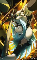 Rule 34 | 1girl, armpits, ass, belt, black lips, blue eyes, blue hair, blush, bodysuit, breasts, center opening, collar, collarbone, dancer, dancing, devil summoner: soul hackers, devil summoner (series), full-length zipper, highres, holding, holding pole, large breasts, leather, lipstick, long hair, looking at viewer, makeup, nail polish, navel, nemissa, nightclub, nipples, o-ring collar, open bodysuit, open clothes, open mouth, orphen (pink seito), pale skin, pole, pole dancing, smile, solo, spread legs, stage, stage lights, stripper, stripper pole, thighhighs, zipper