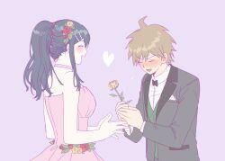 1boy 1girl :d ^_^ ahoge bare_arms bare_shoulders bibi_(p_pp8888) black_bow black_bowtie blush bow bowtie braid breasts brown_hair choker closed_eyes collared_shirt danganronpa:_trigger_happy_havoc danganronpa_(series) dress dress_flower face-to-face flower flying_sweatdrops green_vest grey_hair grey_jacket hair_behind_ear hair_between_eyes hair_flower hair_ornament heart hetero highres holding holding_flower jacket lapels layered_sleeves long_hair long_sleeves maizono_sayaka medium_breasts naegi_makoto nose_blush notched_lapels open_clothes open_jacket open_mouth own_hands_together pink_choker pink_dress profile purple_background red_flower red_rose rose shirt short_hair sidelocks simple_background smile strapless strapless_dress sweatdrop traditional_bowtie u_u upper_body vest white_shirt yellow_flower yellow_rose