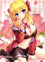 1girl absurdres bekkankou between_legs black_bra black_skirt black_socks blazer blonde_hair blue_eyes blush bow bra breasts cleavage closed_mouth female_focus fortune_arterial hair_between_eyes hair_bow hand_between_legs head_tilt highres jacket kneehighs long_hair long_sleeves looking_at_viewer medium_breasts miniskirt navel neck_ribbon open_clothes open_jacket pink_ribbon pleated_skirt red_bow red_jacket ribbon sendou_erika sitting skirt smile socks solo underwear very_long_hair