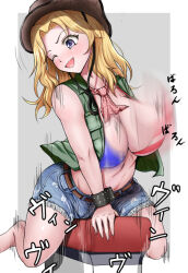 Rule 34 | 1girl, american flag bikini, american flag print, bikini, blonde hair, blue eyes, blush, bouncing breasts, breasts, cleavage, cowboy hat, cowgirl (western), flag print, flag print bikini, girls und panzer, hat, kay (girls und panzer), large breasts, one eye closed, open mouth, print bikini, rodeo, solo, swimsuit, yahow