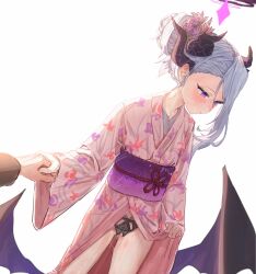 1girl absurdres averting_eyes black_panties blue_archive closed_mouth clothes_lift commentary crotchless crotchless_panties demon_girl demon_horns demon_wings english_commentary flat_chest hair_bun halo highres hina_(blue_archive) holding_hands horns ilyowal japanese_clothes kimono kimono_lift lifting_own_clothes long_sleeves obi panties pink_kimono purple_eyes purple_halo purple_horns pussy pussy_juice sash simple_background single_hair_bun solo_focus underwear white_hair wide_sleeves wings