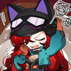 1girl anger_vein artist_request blue_jacket bonneville_(neural_cloud) cat_helmet chibi chibi_only chinese_commentary closed_eyes flying_sweatdrops furrowed_brow girls&#039;_frontline girls&#039;_frontline_neural_cloud highres jacket official_art red_hair second-party_source solo squiggle