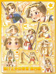 ! !! 2boys :d aiming aiming_at_viewer arms_up arrow_(projectile) black_hair blush border bow bow_(weapon) closed_mouth copyright_name drop_shadow embarrassed episode_number excited full_body grid_background hakama hakama_pants hat heart highres holding holding_bow_(weapon) holding_sword holding_weapon houjou_tokiyuki_(nige_jouzu_no_wakagimi) japanese_clothes kariginu katana long_hair long_sleeves looking_at_viewer low-tied_long_hair male_focus multiple_boys multiple_views musical_note narrowed_eyes nervous_sweating nige_jouzu_no_wakagimi open_mouth outline pants parted_bangs ponytail pu_0521 purple_eyes raised_eyebrows red_hakama red_sash sandals sash scene_reference serious sheath sheathed shoulder_massage sidelocks_tied_back sleeves_rolled_up smile smug sparkle sparring_dummy split_mouth spoken_blush spoken_heart spoken_musical_note spoken_star spoken_sweatdrop standing star_(symbol) suwa_yorishige sweat sweatdrop swinging_weapon sword tabi tate_eboshi v-shaped_eyebrows very_long_hair wavy_mouth weapon white_outline wide_sleeves wiping_forehead yellow_border zouri