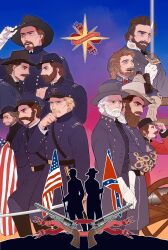 Rule 34 | american civil war, american flag, beard, blonde hair, brown hair, buster kilrain, character request, check character, confederate flag, eye contact, facial hair, fantuannautnaff, george meade, george pickett, gettysburg (1993), grey hair, gun, handgun, henry thomas harrison, highres, holding, holding sword, holding weapon, james longstreet, john buford, looking at another, looking to the side, male focus, military uniform, multiple boys, robert e lee, silhouette, standing, star (symbol), sunset, sword, thomas chamberlain, weapon, winfield scott hancock
