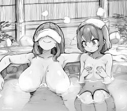 Rule 34 | &gt;:(, 2girls, arm rest, armpits, arms up, artist name, blush, breast conscious, breast envy, breasts, breasts apart, closed mouth, convenient censoring, covered eyes, envy, greyscale, hands on own chest, hands up, head back, height difference, highres, huge breasts, large areolae, long hair, looking at another, looking at breasts, medium hair, mole, mole on breast, monochrome, multiple girls, navel, nose blush, nude, onsen, original, side-by-side, sitting, small breasts, smile, snortzog, steam, steam censor, stomach, towel, towel on head, v-shaped eyebrows, wet, wet face, wet hair