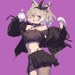 1girl absurdres animal_ears black_choker black_hairband black_jacket black_pantyhose black_skirt blush bow_hairband cat_ears choker commentary crop_top fang glasses grey_hair hairband highres holding jacket jewelry looking_at_viewer medium_hair multicolored_hair navel necklace neo-porte open_clothes open_jacket open_mouth orange_background pantyhose shica_deer simple_background single_leg_pantyhose skirt solo tail two-tone_hair virtual_youtuber white_hair yellow_eyes yozuna_niu