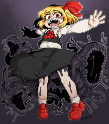 Rule 34 | 1girl, ascot, black legwear, blonde hair, darkness, embodiment of scarlet devil, ex-rumia, female focus, glowing, glowing eyes, hair ribbon, open mouth, outstretched arms, red eyes, red shoes, ribbon, rumia, sharp teeth, shoes, short hair, solo, spread arms, teeth, tetugakuzonbi, touhou