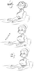 1girl absurdres breasts chair chi-chi_(dragon_ball) chinese_clothes clenched_teeth closed_eyes comic commentary dragon_ball dragonball_z earrings english_commentary english_text expressionless funsexydb hair_bun half-closed_eyes highres jewelry large_breasts monochrome computer_mouse mousepad_(object) paul_rudd single_hair_bun sitting solo table teeth tim_and_eric_awesome_show,_great_job! tim_and_eric_awesome_show_great_job!