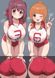 Rule 34 | 2girls, alternate hairstyle, ass, bow, breasts, brown hair, cameltoe, girls und panzer, hair bow, headband, highres, kondou taeko, large breasts, leaning forward, looking at viewer, medium hair, multiple girls, nipples, one eye closed, ooarai volleyball uniform, orange hair, ponytail, red shorts, see-through clothes, shirt, short shorts, shorts, sleeveless, sportswear, sweat, takebe saori, v-neck, volleyball uniform, wet, wet clothes, wet shirt, wink, yabai gorilla