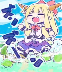 1girl :d =_= black_boots blonde_hair blue_sky blush boots bow chibi closed_eyes cloud day fang giant giantess horns ibuki_suika kasuga_yuuki long_hair open_mouth outdoors purple_skirt red_bow shirt shoe_soles skirt sky sleeveless sleeveless_shirt smile solo touhou translation_request tree v-shaped_eyebrows very_long_hair white_shirt