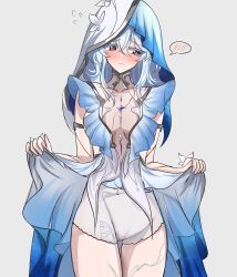 1girl absurdres armlet blue_veil blush breasts bunchosan_dayo closed_mouth clothes_lift colored_eyelashes commentary_request cowboy_shot dress dress_lift highres jewelry long_hair looking_to_the_side medium_breasts partial_commentary purple_eyes shorekeeper_(wuthering_waves) shorts simple_background sleeveless sleeveless_dress solo two-tone_veil veil white_background white_dress white_shorts white_veil wuthering_waves