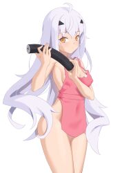 1girl absurdres ahoge apron bare_shoulders blush breasts covered_erect_nipples covered_navel fate/grand_order fate_(series) food forked_eyebrows highres jilu long_hair looking_at_viewer makizushi melusine_(fate) naked_apron pink_apron revision sidelocks small_breasts solo sushi thighs white_hair yellow_eyes