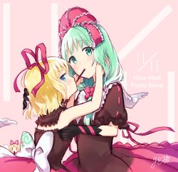 2girls adapted_costume black_gloves blonde_hair blue_eyes bow choker commentary dated doll english_text food front_ponytail gloves green_eyes green_hair hair_bow hair_ribbon kagiyama_hina long_hair looking_at_viewer medicine_melancholy mito_tsubaki multiple_girls pocky pocky_day pocky_kiss puffy_short_sleeves puffy_sleeves red_bow red_ribbon ribbon shared_food short_hair short_sleeves signature sleeveless su-san touhou yuri