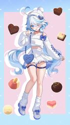 1girl absurdres alternate_costume bag beanie blue_eyes blue_hair candy chocolate chocolate_heart cowlick cropped_sweater drop-shaped_pupils drop_shadow food full_body furina_(genshin_impact) genshin_impact half-heart_hands hat heart heart-shaped_bag heart-shaped_food highres leg_warmers long_hair looking_at_viewer midriff one_eye_closed pink_background rrr_gns_(riuriu_1212) shoes shoulder_bag skirt solo symbol-shaped_pupils thigh_strap white_hair white_leg_warmers white_shoes white_skirt