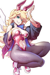 Rule 34 | 1girl, animal ears, black jacket, blonde hair, bracelet, breasts, brown pantyhose, cleavage, clenched teeth, clothing cutout, commentary, english commentary, fake animal ears, green eyes, grin, highres, hot vr, jacket, jewelry, large breasts, leotard, long sleeves, looking at viewer, navel, navel cutout, panty &amp; stocking with garterbelt, panty (psg), pantyhose, pink shoes, playboy bunny, rabbit ears, red leotard, shoes, simple background, smile, solo, squatting, subscribestar username, teeth, white background