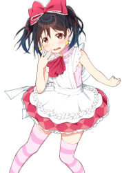 1girl argyle_clothes argyle_dress black_hair blush bow dress earrings embarrassed frilled_bow frilled_dress frills hair_bow hair_ornament hand_up highres jewelry korekara_no_someday looking_at_viewer love_live! love_live!_school_idol_project multicolored_dress neckerchief open_mouth pink_thighhighs red_bow red_eyes red_neckerchief short_hair simple_background skull573 sleeveless solo striped_clothes striped_thighhighs thighhighs twintails wavy_mouth white_background yazawa_nico