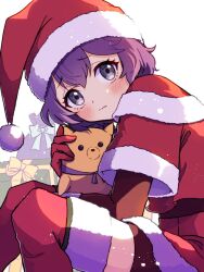 Rule 34 | 1girl, bernadetta von varley, bernadetta von varley (winter), christmas, christmas present, dress, fire emblem, fire emblem: three houses, fire emblem heroes, gift, gogatsu (yeaholiday), hat, highres, nintendo, official alternate costume, purple eyes, purple hair, red dress, santa costume, santa hat, solo, stuffed animal, stuffed toy