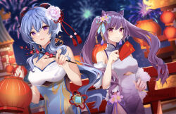 2girls :d aerial_fireworks ahoge alternate_costume artist_name bare_arms bare_shoulders black_thighhighs blue_hair braid branch breasts building china_dress chinese_clothes chinese_new_year cleavage cleavage_cutout closed_mouth clothing_cutout commentary cone_hair_bun crossed_bangs double_bun dress english_commentary envelope fireworks floating_hair flower ganyu_(genshin_impact) genshin_impact goat_horns hair_bun hair_flower hair_ornament highres holding holding_branch holding_envelope holding_lantern horns k-rumi keqing_(genshin_impact) lantern long_hair medium_breasts multicolored_dress multiple_girls nail_polish night night_sky open_mouth paper_lantern parted_bangs purple_eyes purple_hair red_flower side_slit sidelocks sky sleeveless sleeveless_dress smile tassel tassel_hair_ornament thighhighs twintails upper_body vision_(genshin_impact) white_dress white_flower