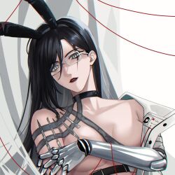 1girl angon623 animal_ears belt black_choker black_hair choker covering_breasts covering_privates glasses grey_eyes iron_(path_to_nowhere) long_hair mechanical_arms no_bra path_to_nowhere rabbit_ears scalpel simple_background single_mechanical_arm solo topless_female white_background