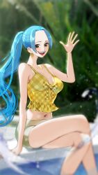 1girl absurdres bare_arms bare_legs bare_shoulders blue_hair blurry blurry_background blush breasts commentary_request crossed_legs earrings feet_out_of_frame frilled_shirt frills grey_shorts hand_up high_ponytail highres ino_magari jewelry long_hair looking_at_viewer medium_breasts midriff navel nefertari_vivi one_piece open_mouth parted_bangs ponytail shirt shorts sitting smile solo teeth upper_teeth_only waving yellow_shirt
