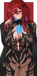 1girl absurdres ahoge black_nails blue_fire blush breasts bug butterfly butterfly_on_hand chronopattern_dress cleavage cowboy_shot curvy edmun6969 elizabeth_rose_bloodflame fire fire_on_chest highres hololive hololive_english insect large_breasts long_hair looking_at_animal meme_attire red_eyes red_hair solo very_long_hair virtual_youtuber