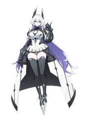 1girl absurdres black_horns black_thighhighs breasts cleavage commentary english_commentary gauntlets goeleu highres horns large_breasts long_hair looking_at_viewer multicolored_hair original purple_hair simple_background solo thighhighs thighs two-tone_hair white_background white_hair