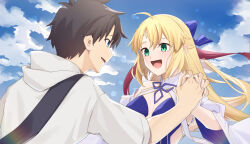 1boy 1girl ahoge artoria_caster_(fate) artoria_caster_(swimsuit_berserker)_(fate) artoria_caster_(swimsuit_berserker)_(third_ascension)_(fate) artoria_pendragon_(fate) black_hair blonde_hair blue_eyes blush bow breasts fate/grand_order fate_(series) fujimaru_ritsuka_(male) fujimaru_ritsuka_(male)_(summer_street) green_eyes hair_bow hetero highres holding_hands long_hair medium_breasts shirt short_hair swimsuit twitter_username white_shirt yu_sakae