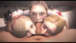 1boy 3d 3girls :&gt;= age_difference animated bayernsfm bikini black_bikini blonde_hair blue_eyes brown_eyes brown_hair capcom cassie_drake cooperative_fellatio crossover eyebrows eyelashes fellatio freckles from_above full_body glasses hairband hetero highres kneeling loli long_hair looking_at_viewer looking_up looping_animation male_pubic_hair multicolored_bikini multiple_girls oral penis pink_bikini portrait pov pov_crotch pubic_hair realistic red_hairband resident_evil resident_evil_2 resident_evil_2_(remake) sarah_(the_last_of_us) sherry_birkin short_hair sound swimsuit tagme teamwork_(sexual) testicle_sucking the_last_of_us the_last_of_us_(series) two-tone_bikini uncensored uncharted video yellow_bikini