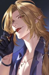 1boy black_gloves blonde_hair blue_shirt bracelet braid candy chocolate chocolate_bar chocolate_on_body chocolate_on_pectorals collarbone commentary crovius dark_background ear_piercing fangs food food_on_body gloves grey_eyes hair_tie hand_up heterochromia highres holding holding_chocolate holding_food hugo_vlad jewelry long_hair looking_at_viewer male_focus mole mole_under_eye multiple_moles multiple_rings pectoral_cleavage pectorals piercing pointy_ears red_eyes ring shirt smile solo tongue tongue_out upper_body vampire zenless_zone_zero