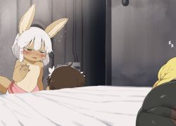 1boy 2girls animal_ears body_fur dagasi furry furry_female highres indoors made_in_abyss multiple_girls nanachi_(made_in_abyss) reg_(made_in_abyss) riko_(made_in_abyss) sleeping smile