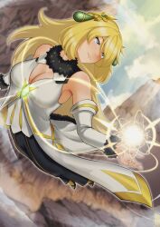 1girl aura blonde_hair blue_sky breasts cleavage cliff cloud coat cynthia_(arc_suit)_(pokemon) cynthia_(pokemon) detached_sleeves dutch_angle energy_ball grey_eyes high_heels highres large_breasts long_hair negaska nintendo official_alternate_costume outdoors pokemon pokemon_masters_ex shirt shoes sky textless_version very_long_hair white_coat white_shirt yellow_shoes