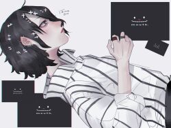 Rule 34 | 1girl, absurdres, ahoge, barbell piercing, black hair, closed mouth, commentary request, ear piercing, earrings, from side, grey eyes, highres, jewelry, lipstick, makeup, mano aaa, multiple rings, original, piercing, popped collar, red lips, ring, shirt, short hair, solo, striped clothes, striped shirt, three-quarter sleeves, translation request, upper body, vertical-striped clothes, vertical-striped shirt, white background, white shirt