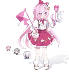 4girls chibi commentary_request diamond-shaped_pupils diamond_(shape) elf elysia_(herrscher_of_human:_ego)_(honkai_impact) elysia_(honkai_impact) elysia_(miss_pink)_(honkai_impact) elysia_(miss_pink_elf)_(honkai_impact) flag gloves highres holding holding_flag holding_megaphone homei_(honkai_impact) honkai_(series) honkai_impact_3rd kiana_kaslana kiana_kaslana_(herrscher_of_finality) kiana_kaslana_(selenic_ripples) long_hair megaphone multiple_girls official_alternate_costume open_mouth pink_hair pink_skirt pointy_ears purple_eyes shirt shoes simple_background skirt smile symbol-shaped_pupils tdatnst very_long_hair vita_(honkai_impact) vita_(lone_planetfarer)_(honkai_impact) white_background white_gloves white_shirt white_shoes