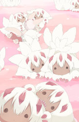 ._. 1other 6+girls absurdres animal_hands anus black_skin body_fur claws cloaca clone colored_skin extra_arms faputa field furry highres horns looking_at_viewer lying made_in_abyss monster_girl multiple_girls multiple_tails nanachi_(made_in_abyss) open_mouth pawpads pink_background rabbit_ears sharp_teeth tail tatososu teeth too_many white_fur white_hair x_anus