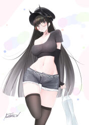 arms_behind_back azur_lane bag black_hair black_shirt black_shorts blush breasts cleavage commentary_request crop_top demon_girl demon_horns detached_sleeves glasses highres hip_focus holding holding_bag horns horns_through_headwear livetarica long_hair looking_at_viewer medium_breasts midriff navel noshiro_(azur_lane) noshiro_(dressed-up_date)_(azur_lane) off-shoulder_shirt off_shoulder official_alternate_costume oni purple_eyes shirt short_shorts shorts single_bare_shoulder skindentation standing standing_on_one_leg stomach striped_clothes striped_shirt thighhighs thighs torn_clothes torn_shorts vertical-striped_clothes vertical-striped_shirt very_long_hair