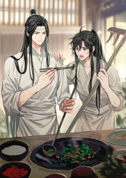 Rule 34 | 2boys, ahoge, alternate costume, black hair, blurry, blurry background, bowl, chinese clothes, chopsticks, closed mouth, cooking pot, depth of field, feeding, food, gearous, grey eyes, hand on another&#039;s shoulder, hanfu, headband, height difference, high ponytail, highres, holding, holding chopsticks, holding ladle, holding rake, indoors, kitchen, ladle, lan wangji, long hair, long sleeves, looking at another, looking at food, male focus, modao zushi, multiple boys, official art, open mouth, plate, ponytail, rake, robe, sidelocks, sleeves rolled up, smile, standing, table, third-party source, topknot, very long hair, wei wuxian, white hanfu, white headband, yaoi, yellow eyes