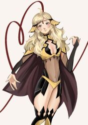 Rule 34 | 1girl, ahoge, blonde hair, bodystocking, breasts, bridal gauntlets, cape, circlet, cleavage, enwbbs, fire emblem, fire emblem fates, gold cape, grey eyes, highres, hip armor, long hair, looking at viewer, medium breasts, nintendo, ophelia (fire emblem), panties, solo, underwear, yellow panties