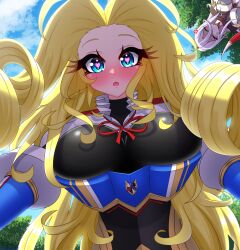 2girls anger_vein angry annoyed armor artist_name black_bodysuit blonde_hair blue_eyes blue_sky blush bodysuit breasts closed_eyes day dot_nose excited eyebrows eyelashes female_focus female_knight heart heart-shaped_pupils horse_girl huge_breasts knight long_hair looking_at_viewer lukari monster_musume_no_oisha-san multiple_girls nose_blush outdoors pov purple_hair saphentite_neikes shaded_face sky snake_girl symbol-shaped_pupils tisalia_scythia upper_body wavy_hair