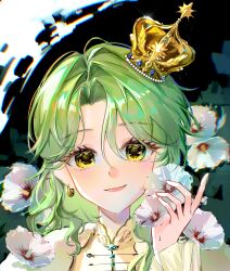 Rule 34 | 1girl, androgynous, cape, chinese commentary, closed mouth, collared shirt, commentary request, crown, earrings, eyelashes, flower, flower request, forest, frilled sleeves, frills, gold crown, gold earrings, green hair, hair between eyes, highres, holding, holding flower, hoop earrings, infinity nikki, jewelry, light blush, light particles, lipstick, long hair, long sleeves, looking at viewer, makeup, mini crown, nature, nikki (series), outdoors, parted bangs, pink lips, seli (yzjmzzr), shirt, side cape, single sidelock, smile, solo, tree, twilight oath (infinity nikki), upper body, wavy hair, white cape, white flower, yellow eyes, yellow shirt