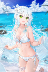 1girl bikini blurry blurry_background breasts chest_tattoo cleavage day flower frilled_thigh_strap green_eyes hair_flower hair_ornament highres long_hair looking_at_viewer medium_breasts na_kyo navel open_mouth original outdoors see-through_clothes see-through_shawl shawl swimsuit tattoo thigh_strap water white_bikini white_hair
