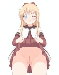 1girl :p artist_name blonde_hair blue_eyes bow brown_bow brown_dress brown_sailor_collar censored chrislu07 clothes_lift dress dress_lift from_below hair_bow highres lifting_own_clothes light_blush light_smile long_sleeves looking_at_viewer looking_down nanamori_school_uniform one_eye_closed pussy sailor_collar sailor_dress school_uniform sidelocks simple_background solo straight_hair thighs tongue tongue_out toshinou_kyouko underwear vest white_background white_vest yuruyuri
