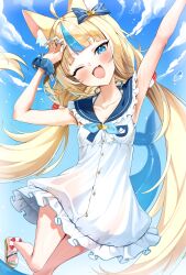 Rule 34 | 1girl, absurdres, ahoge, animal ear fluff, animal ears, arm up, blonde hair, blue bow, blue collar, blue eyes, blue hair, blue nails, blue sky, blush, bow, brown sandals, cat ears, cloud, collar, dress, fang, fins, fish girl, fish tail, frilled shirt collar, frills, gawawawa, hair bow, highres, indie virtual youtuber, lifebuoy hair ornament, long hair, low twintails, multicolored hair, nail polish, one eye closed, one side up, open mouth, sameko saba, sandals, skin fang, sky, sleeveless, sleeveless dress, smile, solo, streaked hair, tail, toenail polish, toenails, twintails, very long hair, virtual youtuber, white dress