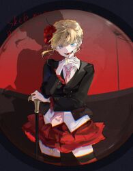 artist_name beatrice_(umineko) black_jacket black_thighhighs blazer blonde_hair blue_eyes blunt_bangs cane chromatic_aberration collared_shirt commission cowboy_shot dated drop_shadow evil_smile film_grain floating_hair flower frilled_skirt frilled_sleeves frills hair_bun hair_flower hair_ornament hand_on_own_chin highres hiko_(nekobako_on) holding holding_cane jacket looking_at_viewer necktie open_mouth pink_necktie pov_peephole red_skirt red_sky red_thighhighs shirt signature single_hair_bun skeb_commission skirt sky smile standing striped_clothes striped_thighhighs thighhighs umineko_no_naku_koro_ni white_shirt