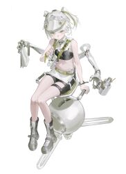 1girl absurdres anhao1224 belt black_shorts breasts closed_mouth full_body green_belt grey_eyes grey_hair grey_hat hat highres looking_at_viewer mechanical_arms navel original shorts simple_background sitting small_breasts solo white_background