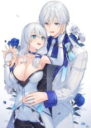 1boy 1girl :d bare_shoulders black_pantyhose blue_eyes blue_flower blue_shirt breasts cleavage collarbone collared_shirt commentary_request copyright_request couple dress elbow_gloves eye_contact fingerless_gloves flower gloves gradient_background grey_background grey_dress grey_hair hair_between_eyes hetero hu_kotora jacket large_breasts long_hair looking_at_another necktie open_mouth pantyhose petals sample_watermark shirt signature smile watermark white_background white_flower white_gloves white_jacket white_necktie
