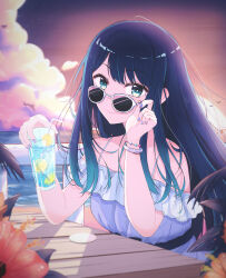1girl absurdres adjusting_eyewear blue_hair blue_nails bracelet cloud commentary_request cup dress drink drinking_glass drinking_straw enpixi flower food fruit green_eyes hibiscus highres holding holding_cup ice ice_cube jewelry kurokawa_akane lemon lemon_slice long_hair looking_at_viewer looking_over_eyewear oshi_no_ko smile solo sunglasses sunset table white_dress wooden_table